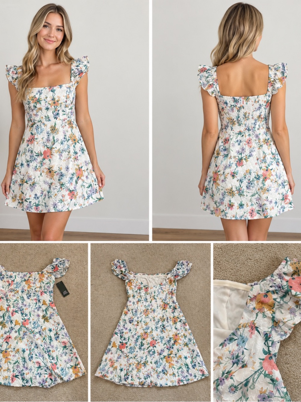 wild fable White Floral Square-Neck Mini Dress with Ruffle Sleeves